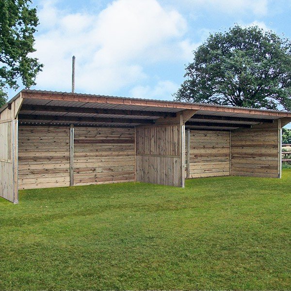Long abri ouvert Abrivert en bois brut dans un paddock herbeux