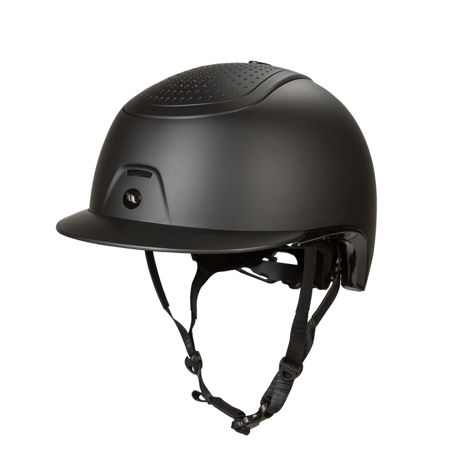 Casque d'équitation Back on Track Strixx noir mat, vue trois-quarts sur fond blanc