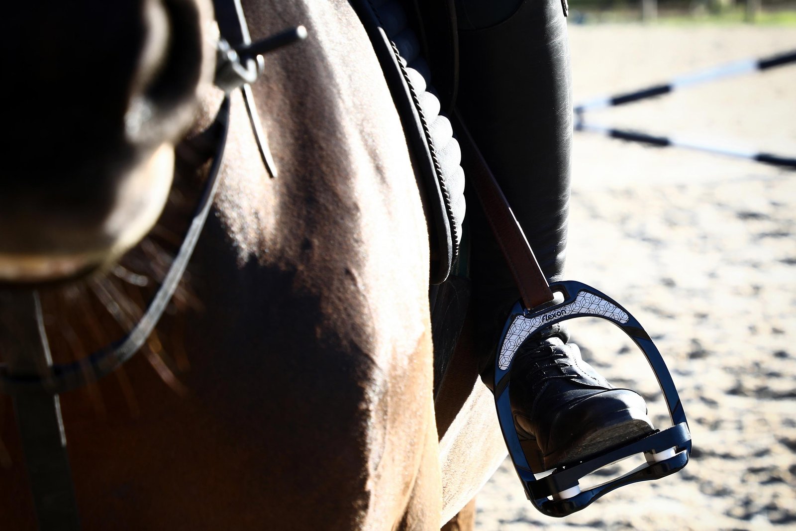 Botte de cavalier dans un étrier Flex-on noir, cheval bai en carrière
