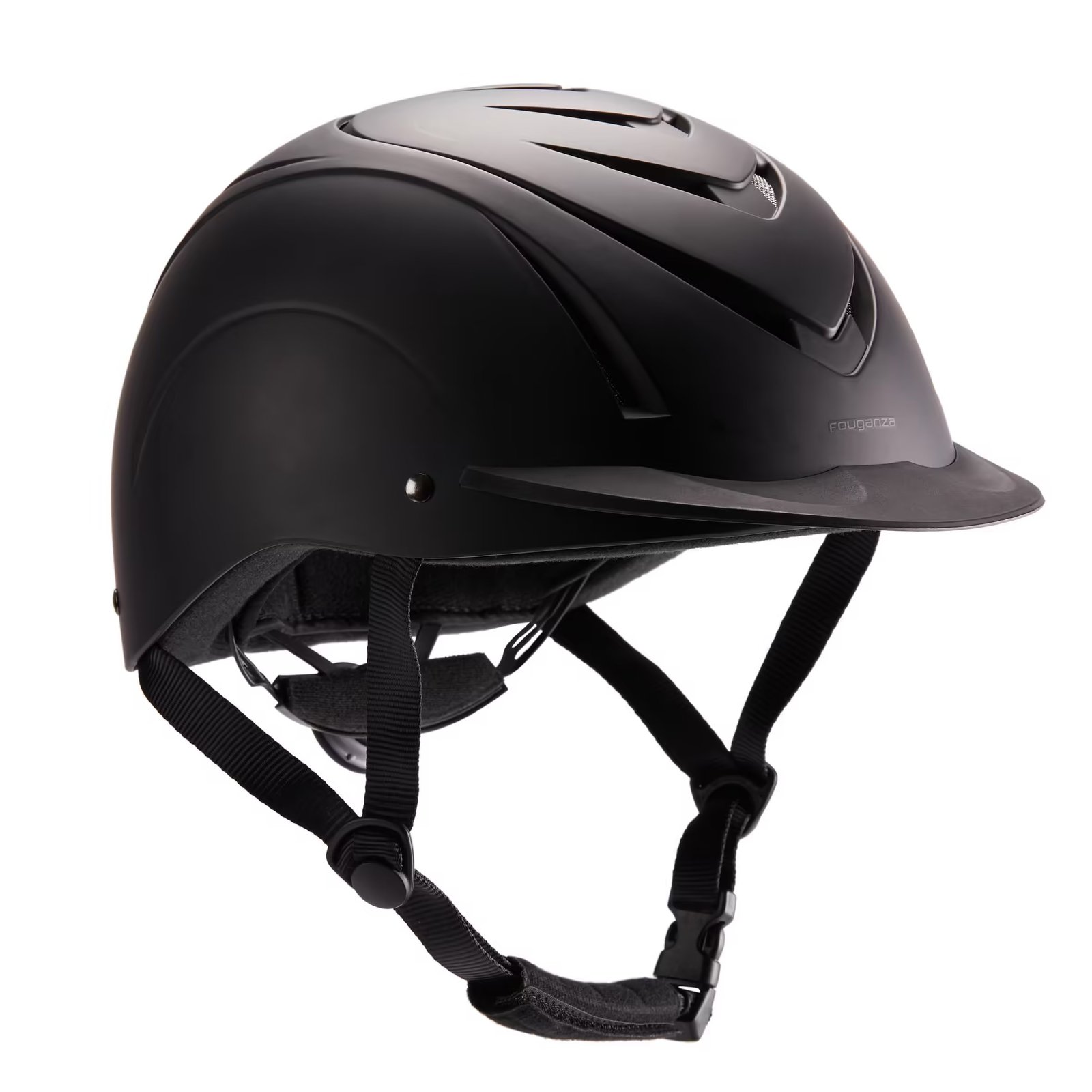 Casque d'équitation Fouganza 500 noir à aérations, vue de profil sur fond blanc