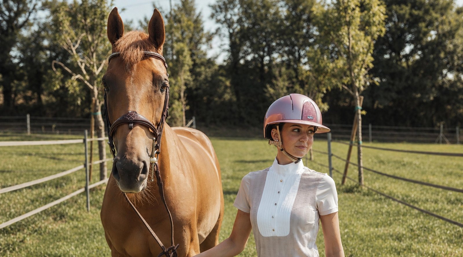Cavalière en tenue de concours, casque KEP rose, tenant un cheval alezan dans un paddock