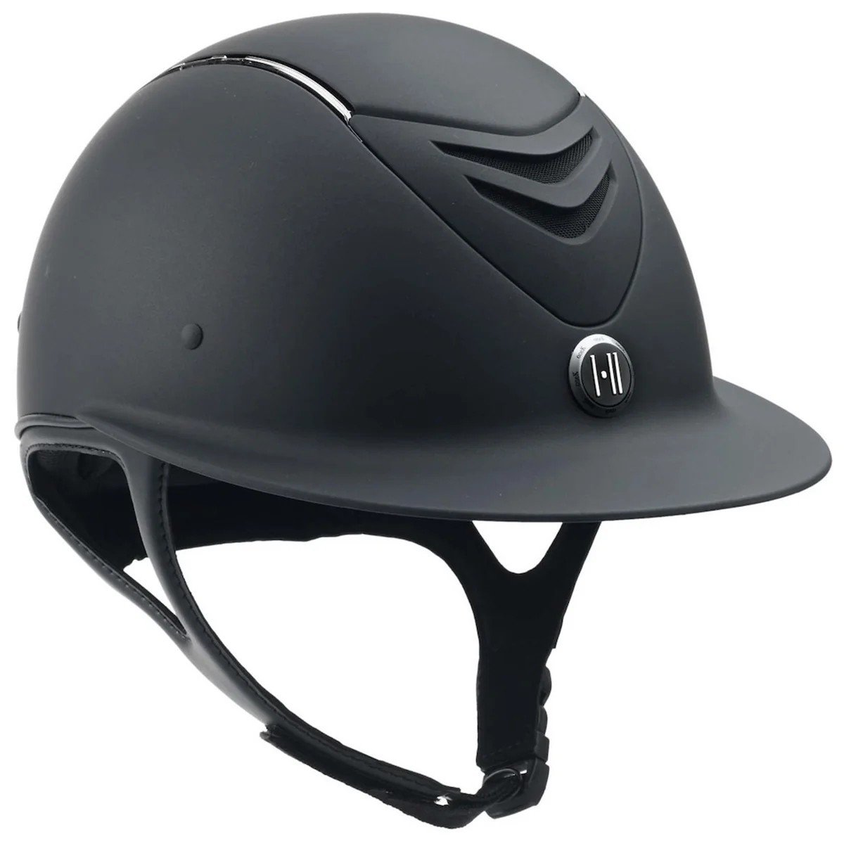Packshot du casque One K Avance Wide Brim noir mat à bande chromée sur fond blanc