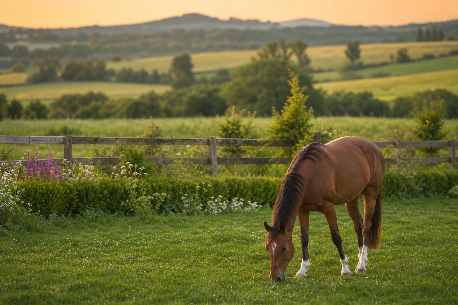 Cheval qui broute dans un pré bordé de haies et de plantes potentiellement toxiques