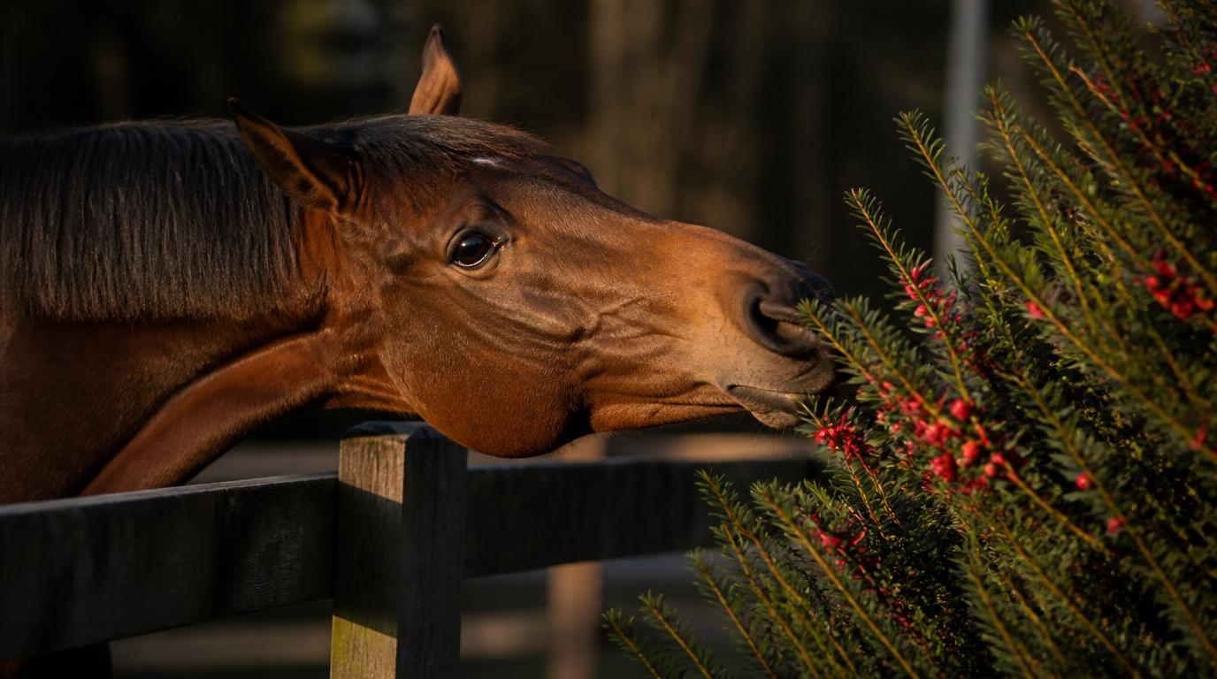 Cheval qui tend le cou par-dessus une cloture vers une haie d'if aux baies rouges, plante mortelle pour les chevaux