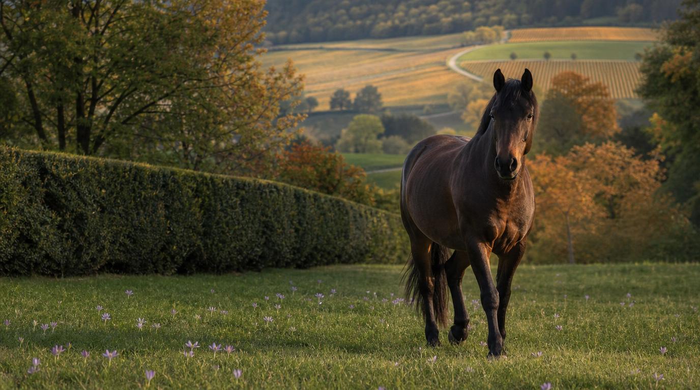 Cheval dans une prairie continentale bordée de haies, Grand Est et Bourgogne