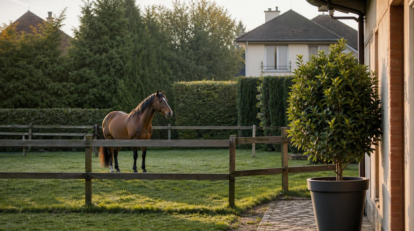 Cheval dans un paddock péri-urbain bordé de haies de thuya, Île-de-France