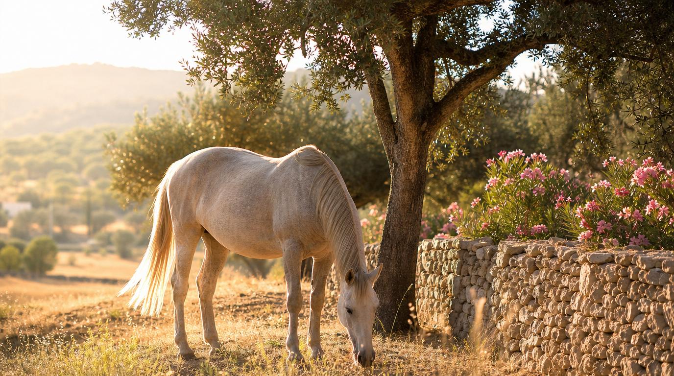 Cheval au pré méditerranéen près d'un laurier rose, région Provence et Sud
