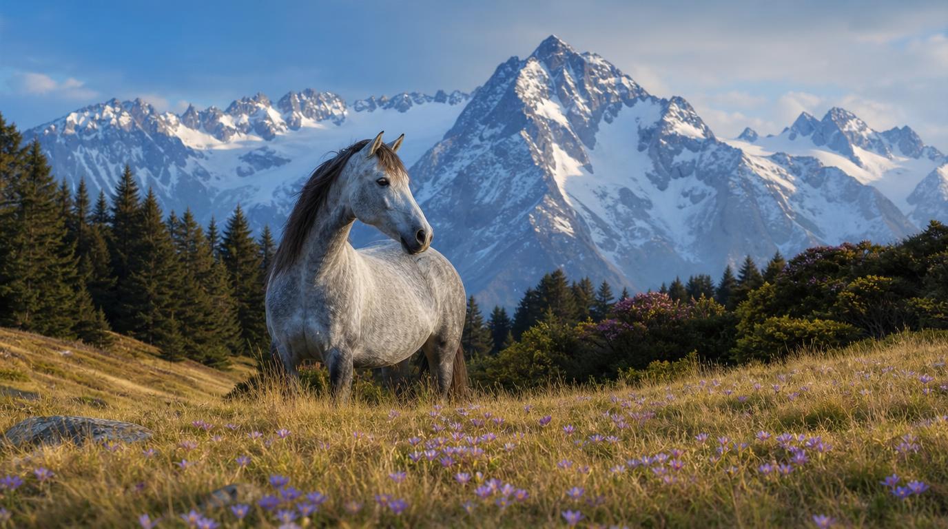 Cheval en alpage de montagne avec colchiques, Alpes Pyrénées Massif central