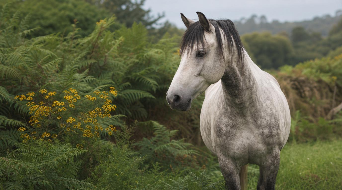 Cheval dans un bocage de l'Ouest près de fougères et de séneçon, Bretagne Normandie