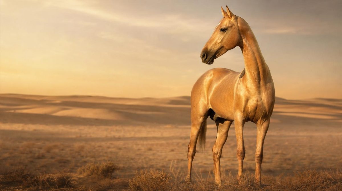 Akhal-Téké au pelage doré métallique dans le désert du Turkménistan au coucher du soleil