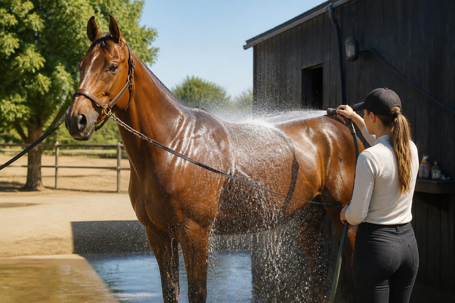 Cheval douché à l'eau froide en continu après l'effort, jet ouvert sur le dos et la croupe