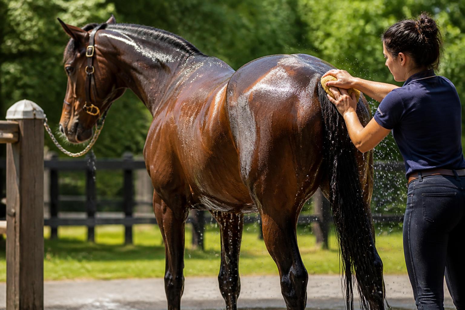 Arrosage du corps entier d'un cheval pour maximiser la surface mouillée et accélérer le refroidissement