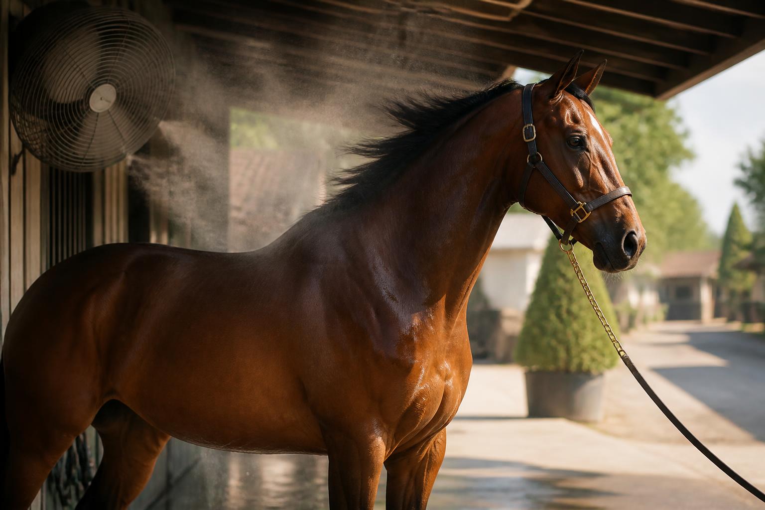Cheval à l'ombre avec ventilateur et brumisateur pour se rafraîchir par forte chaleur