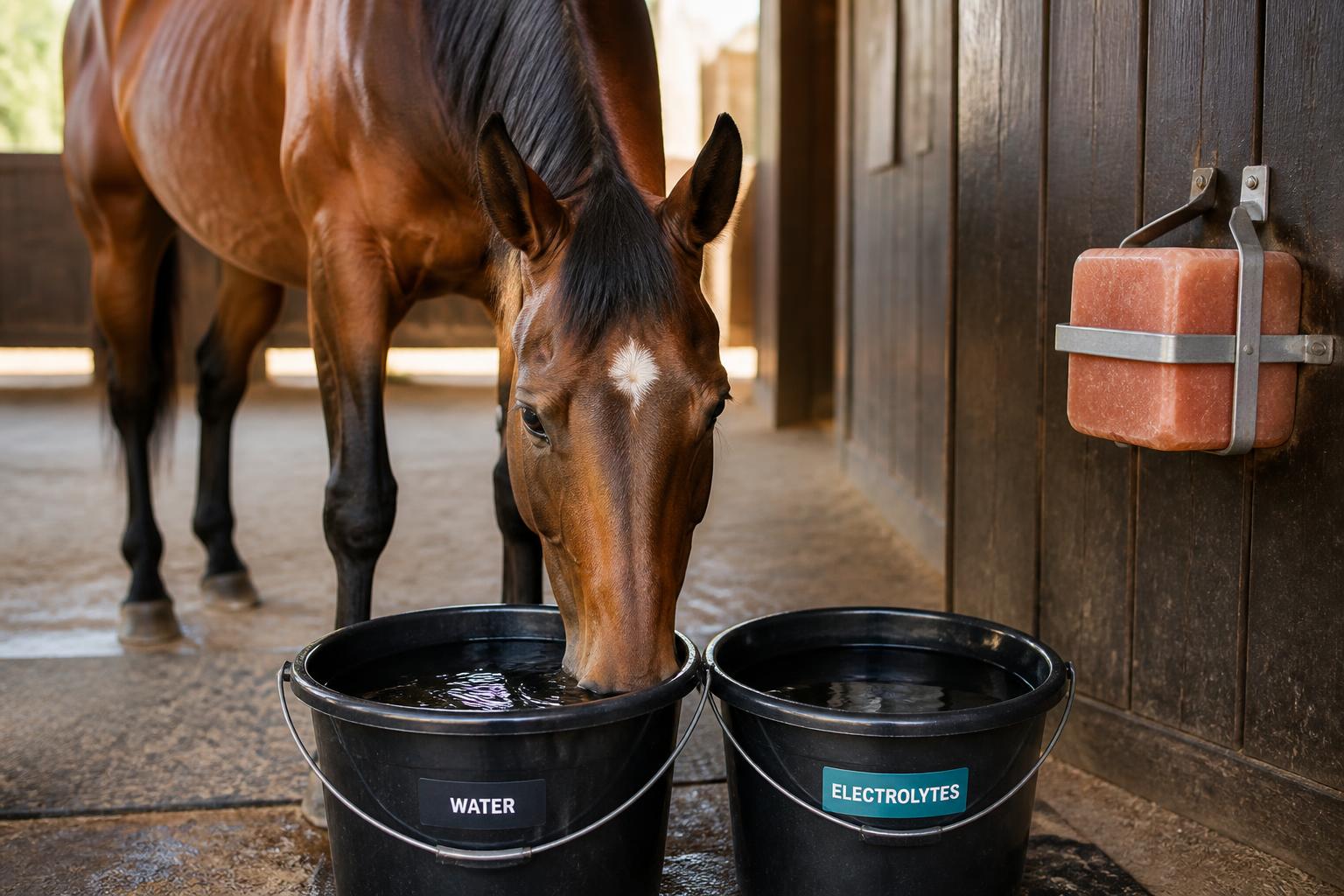 Deux seaux d'eau côte à côte pour un cheval : un avec eau pure et un avec électrolytes pour la reminéralisation