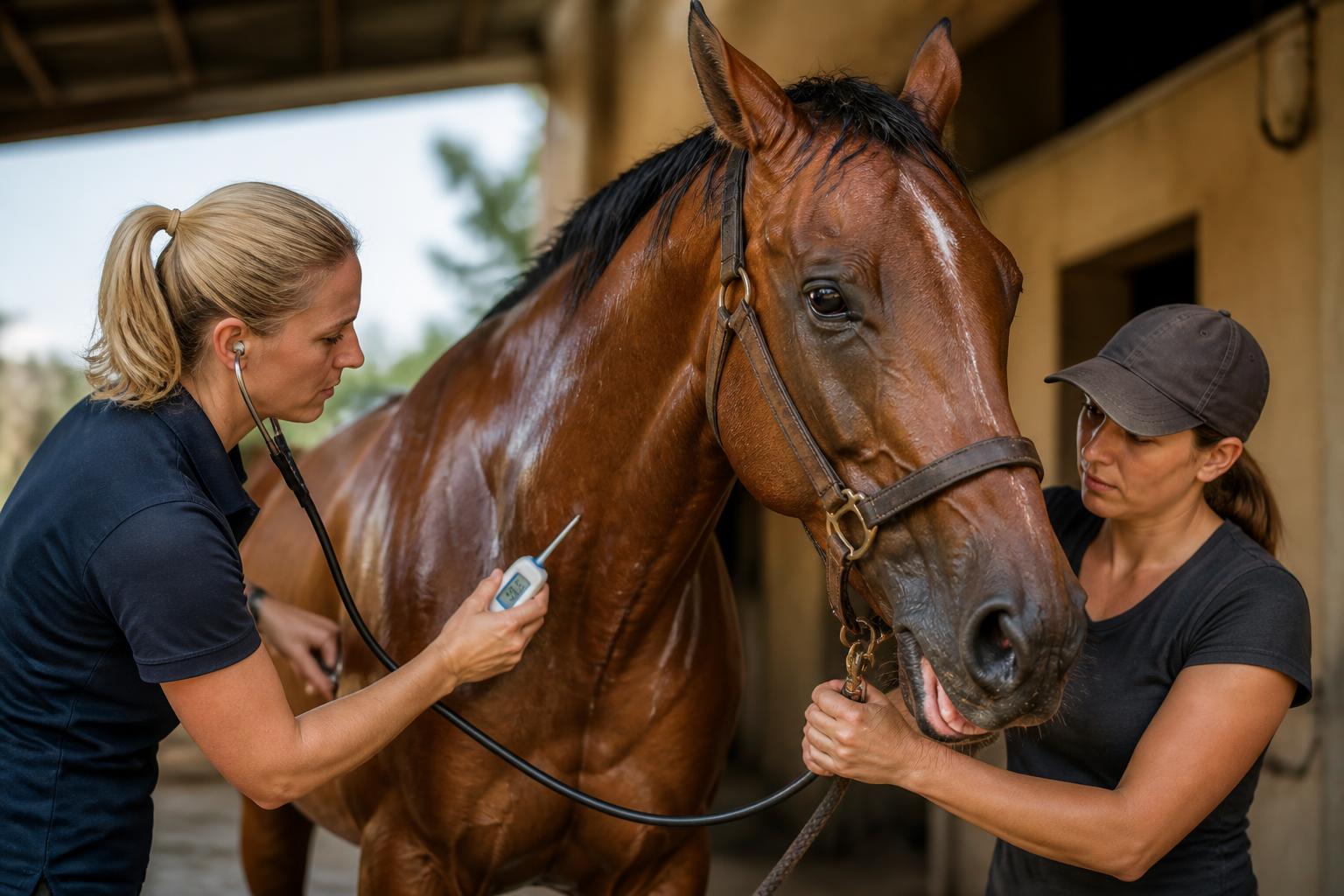 Signes d'alerte du coup de chaleur chez le cheval : naseaux dilatés, respiration haletante, léthargie