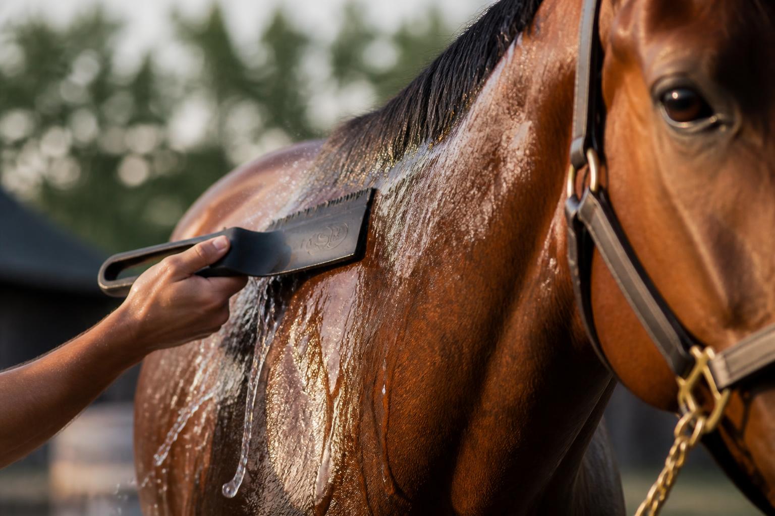 Utilisation du couteau de chaleur sur un cheval après l'effort pour retirer l'eau et la sueur
