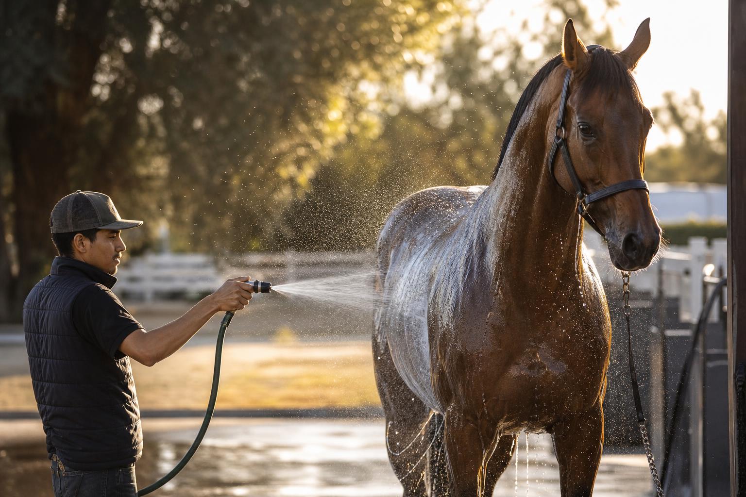 Cheval de selle bai douché à l'eau froide en continu pour le rafraîchir par forte chaleur