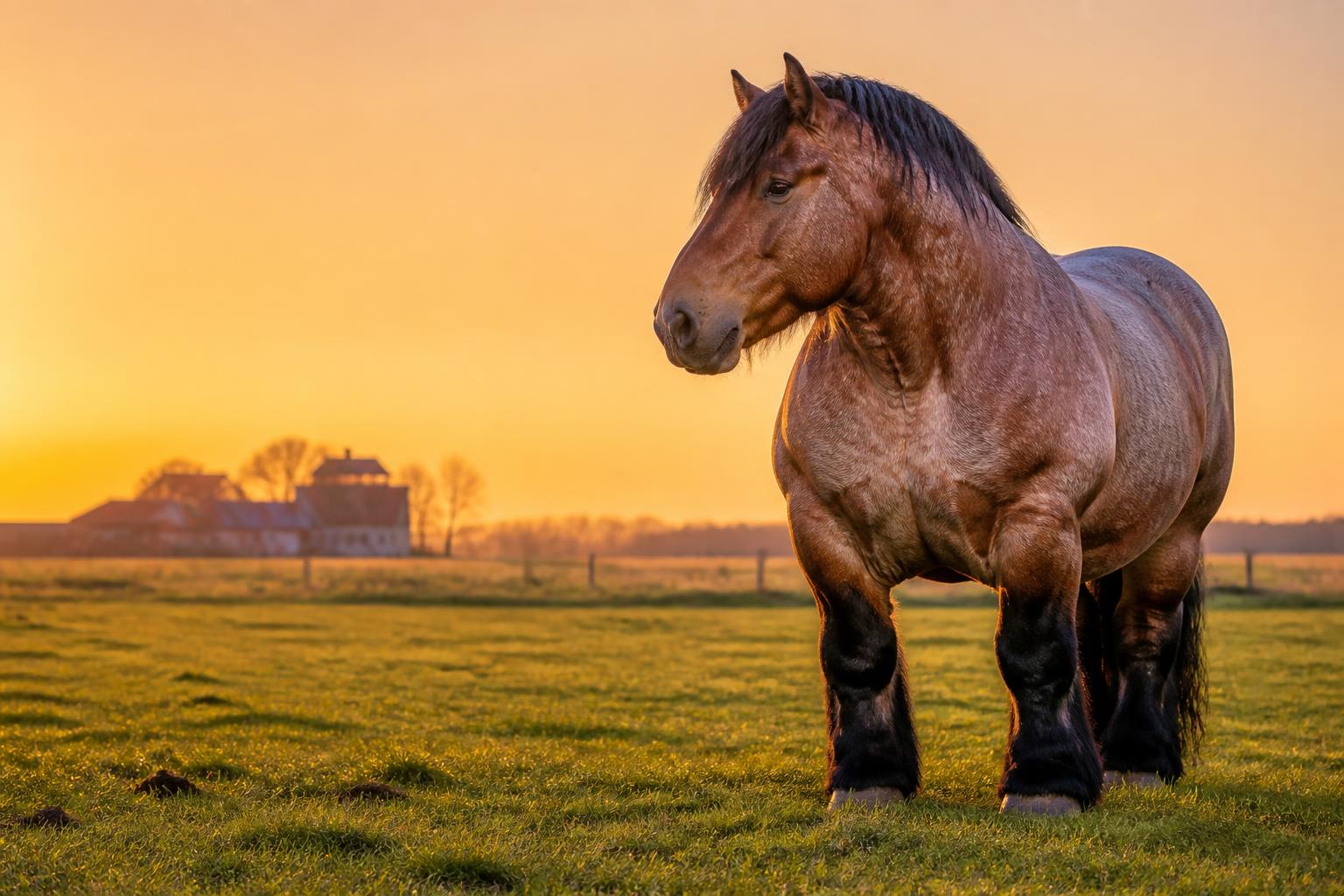 Cheval de trait belge Brabançon, robe rouan, dans une prairie flamande
