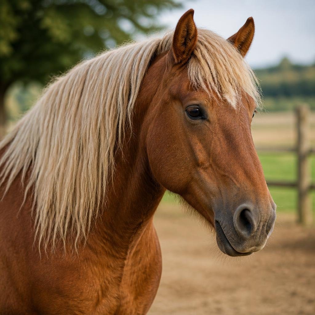 Portrait d'un cheval Comtois, robe alezan et crins lavés blond clair