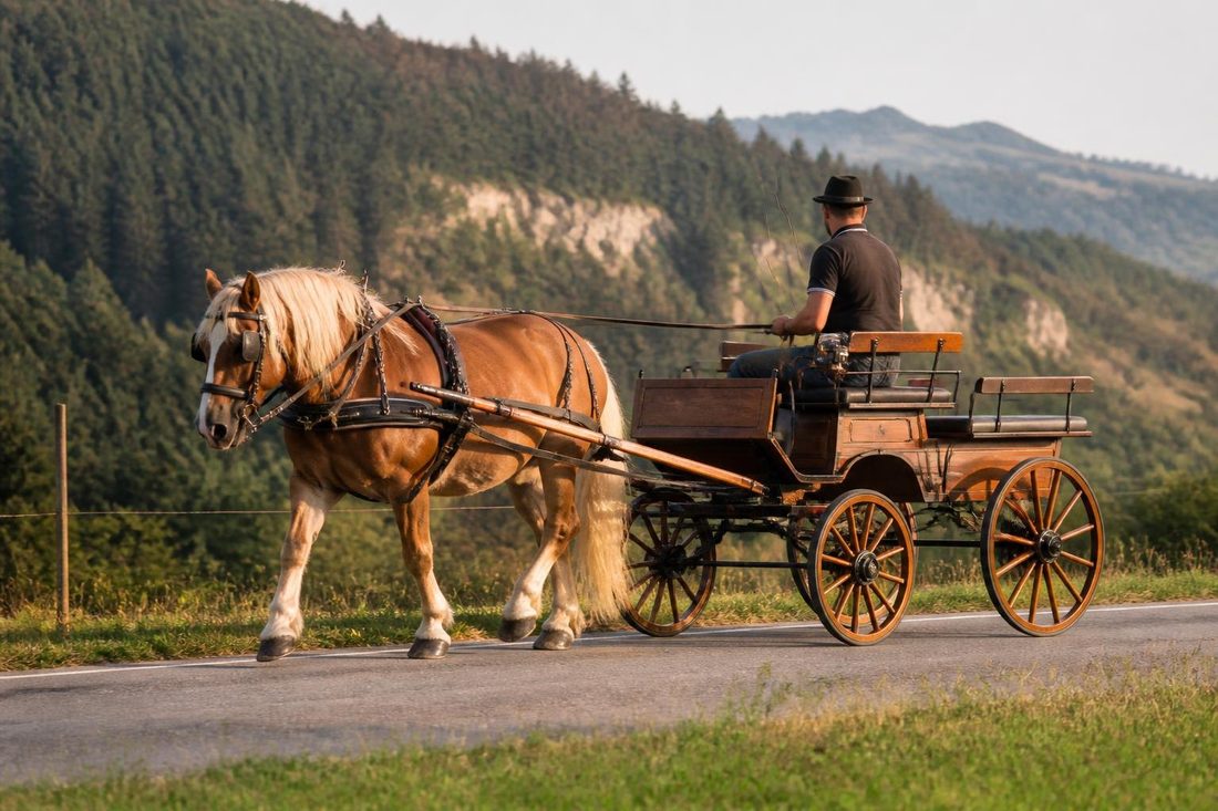 Cheval Comtois attelé sur une route de montagne du Jura
