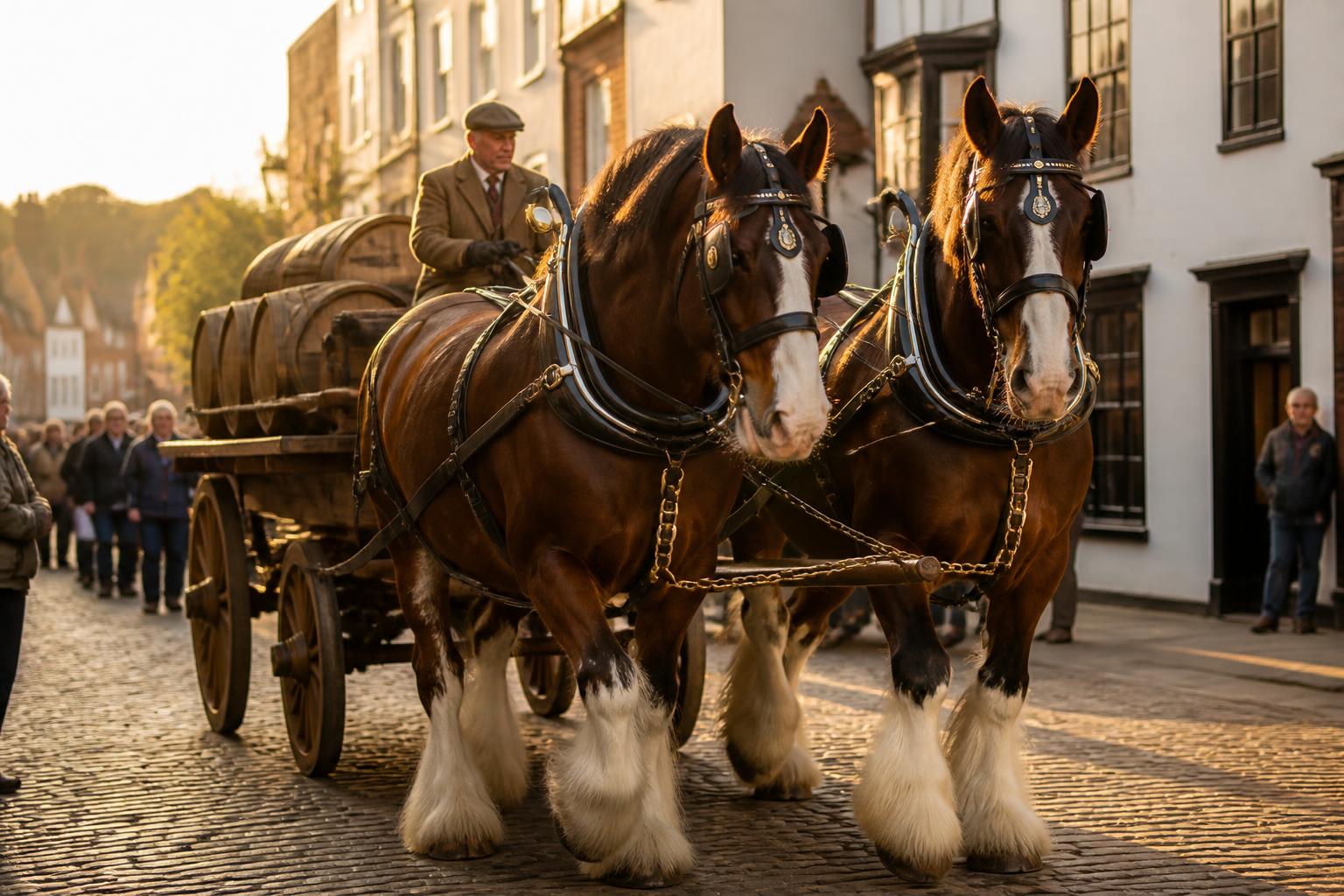 Shire attelé tirant un chariot de brasserie