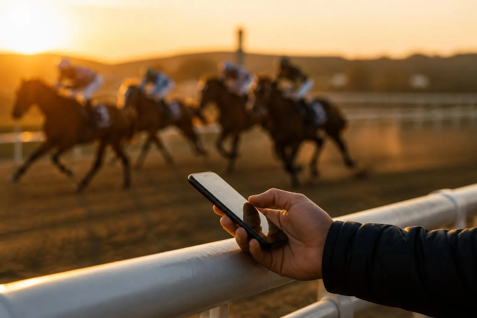 Un parieur consulte son smartphone au bord de la piste pendant une course, chevaux lancés en arrière-plan flou