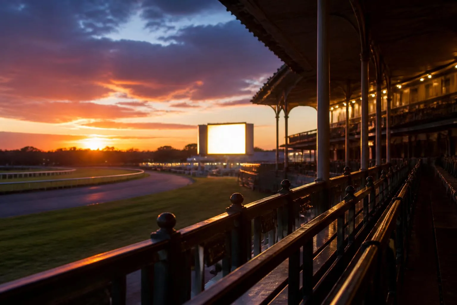 Tribunes d'hippodrome au crepuscule avec grand tableau d'affichage lumineux au loin